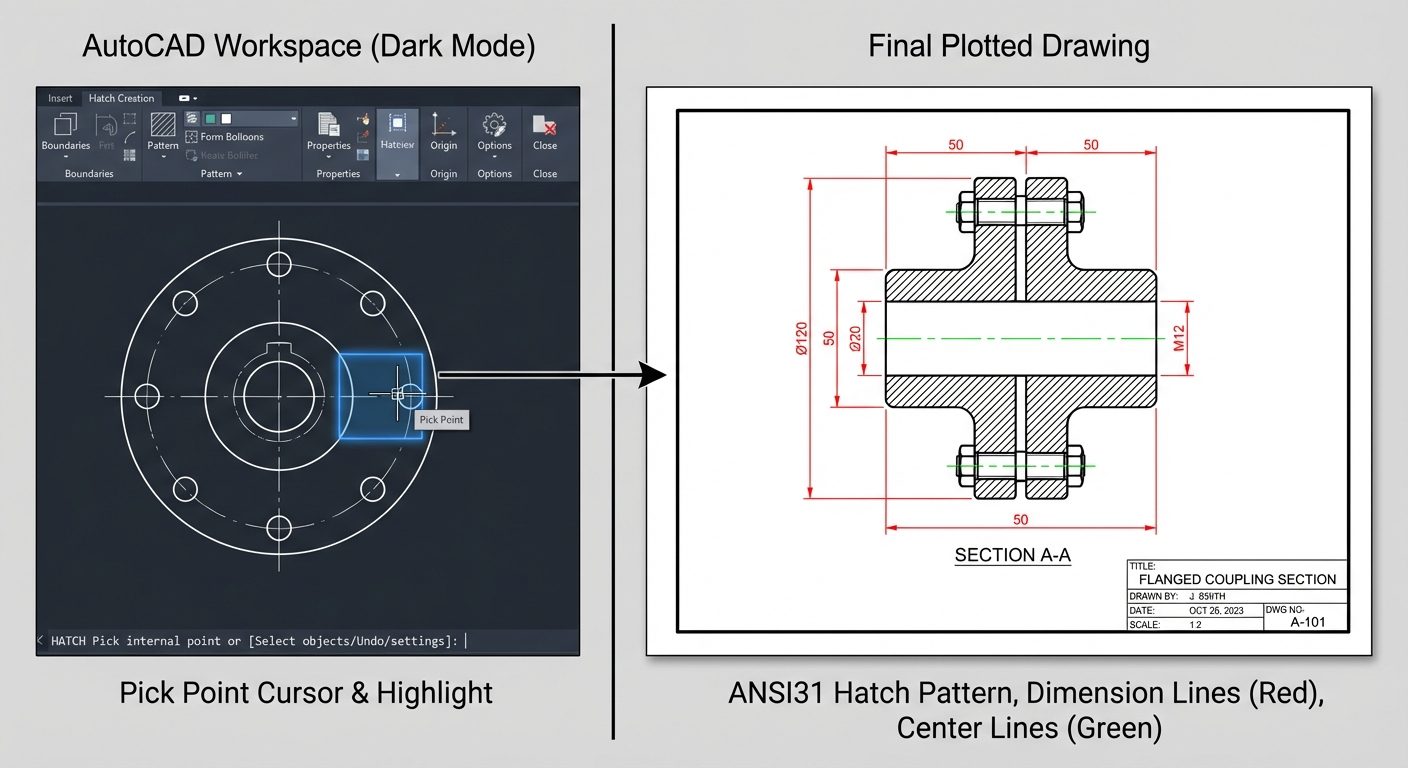 A split-screen technical visualization. On the left: An AutoCAD workspace screenshot (dark mode) sho...