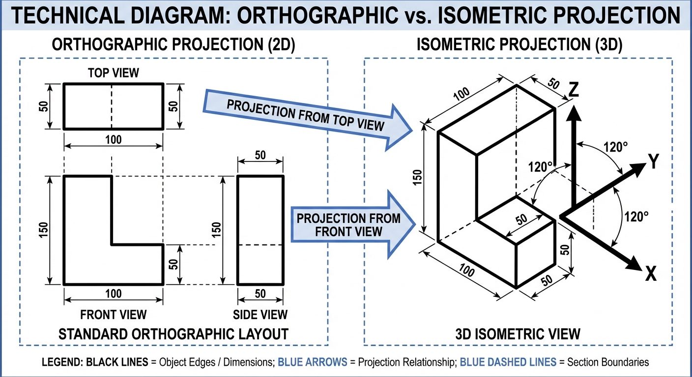 A technical diagram comparing Orthographic Projection vs Isometric Projection. On the left, show a 2...