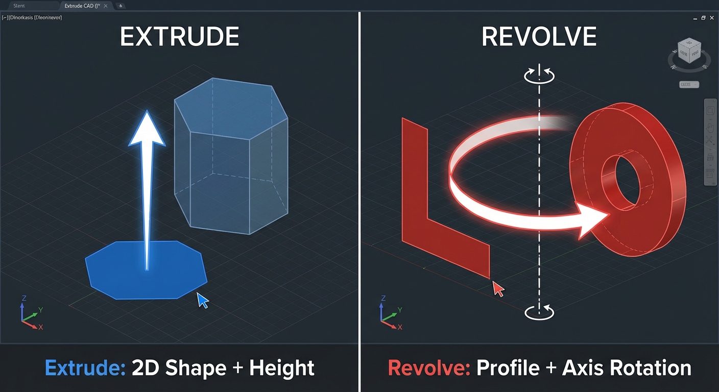 A split-screen diagram illustrating AutoCAD 3D commands "Extrude" and "Revolve".
Left Panel (Extrude...