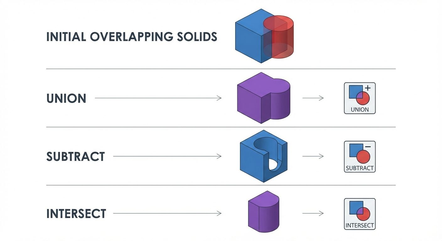 An educational infographic showing the "Boolean Operations" in AutoCAD 3D.
Top Section: Show two ove...