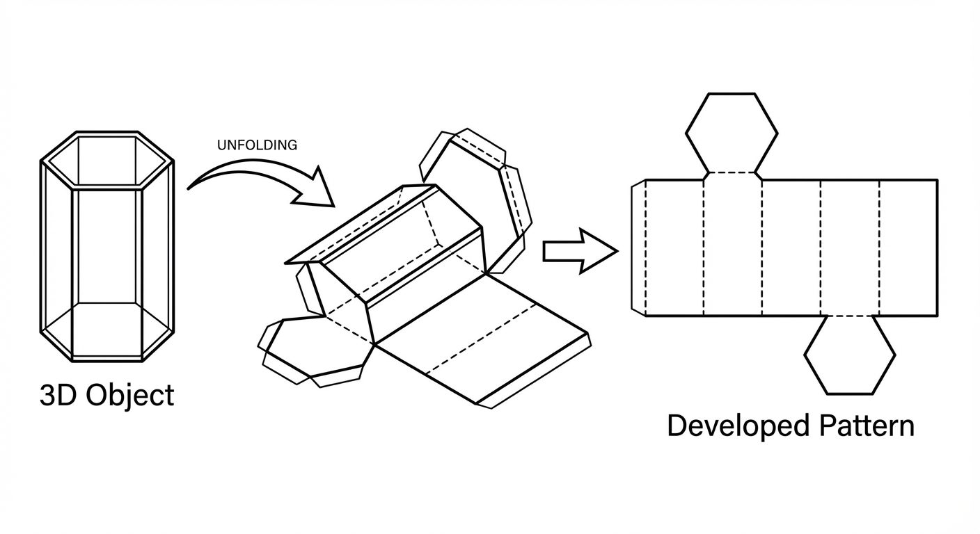 A technical educational illustration showing the concept of "Surface Development". On the left, show...