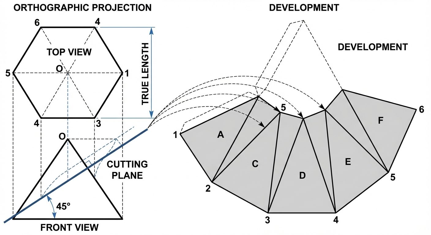 A detailed engineering diagram showing the development of a Truncated Hexagonal Pyramid. The left si...