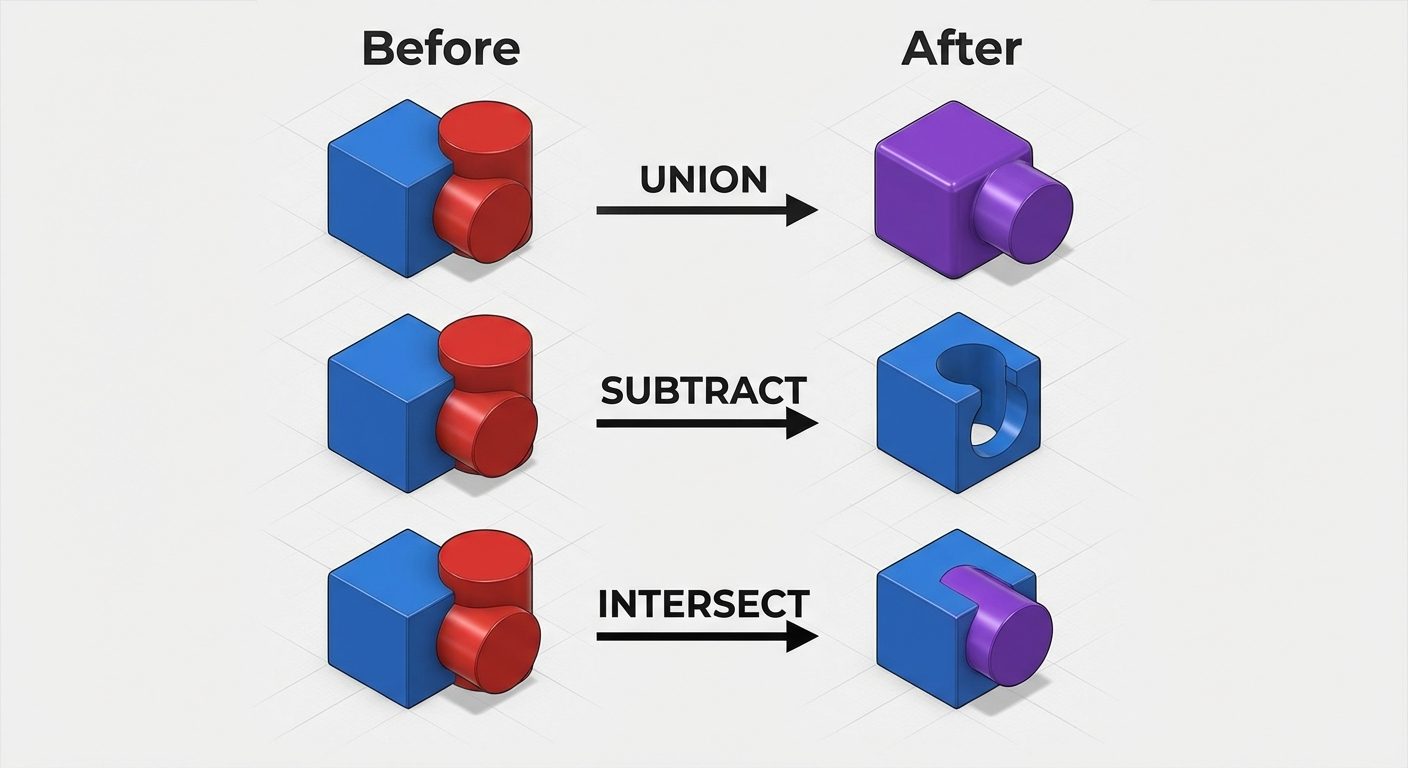 A conceptual diagram illustrating AutoCAD Boolean operations. Three rows showing the "Before" and "A...