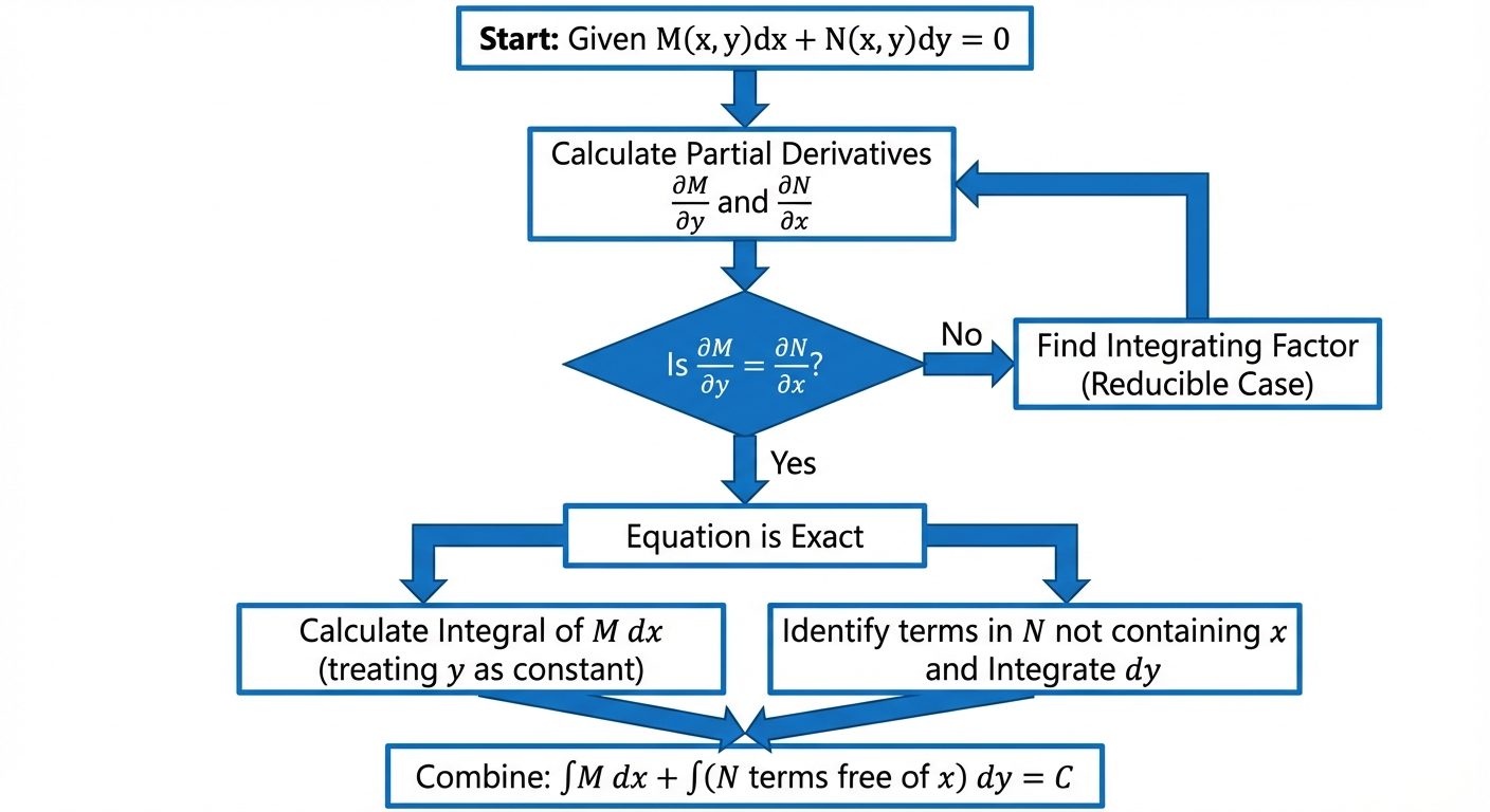 A detailed flowchart diagram illustrating the algorithm for solving Exact Differential Equations. To...