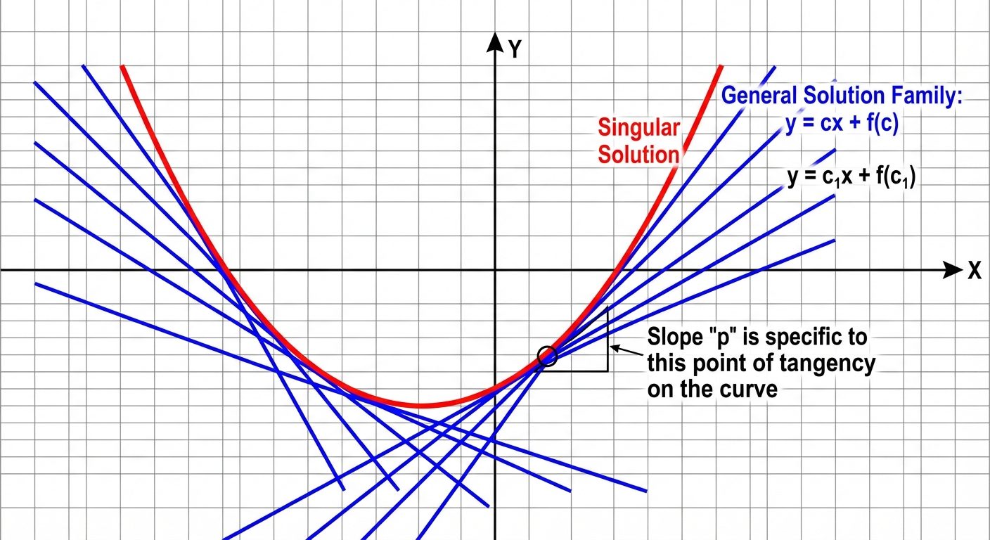An educational geometry diagram explaining Clairaut's Equation. The diagram should show a curve (par...