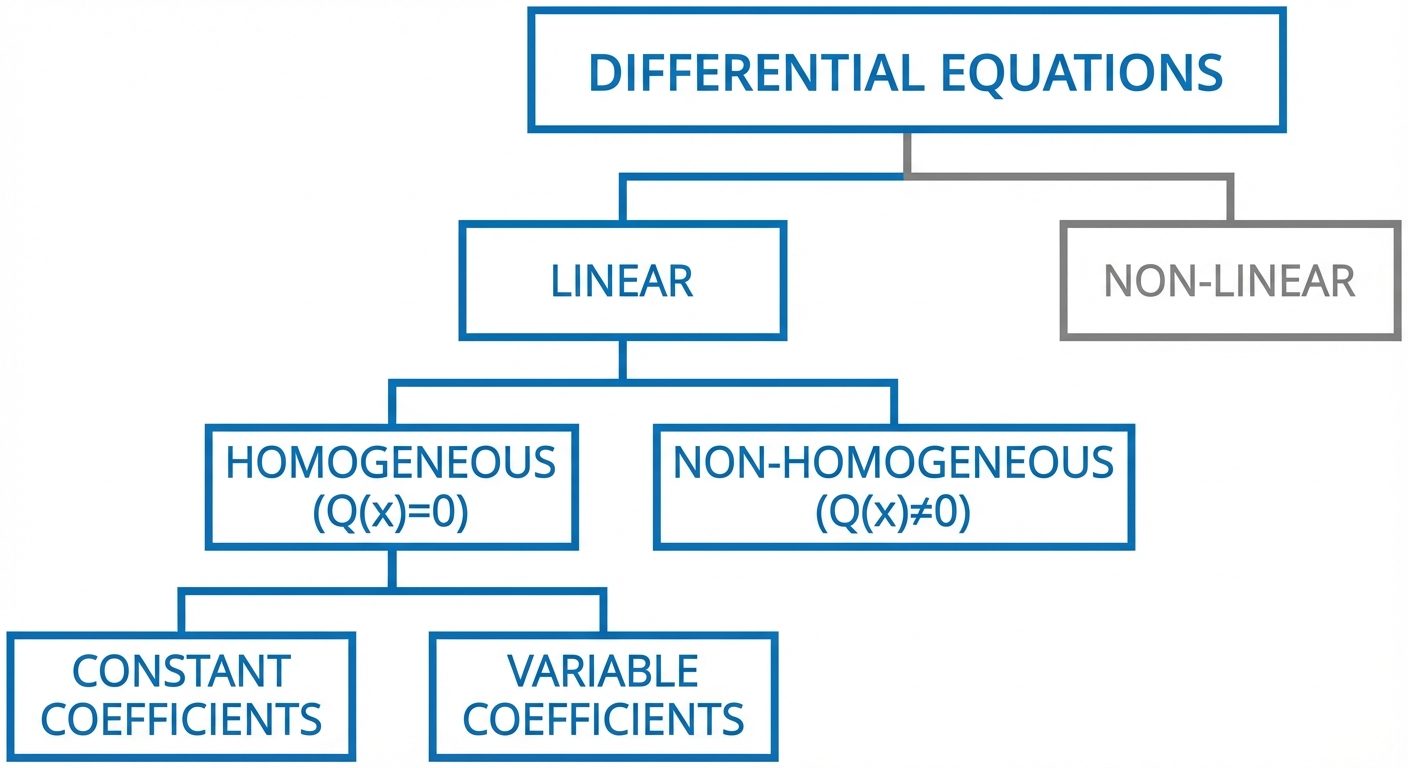 A hierarchical tree diagram classifying Differential Equations. The top node is "Differential Equati...