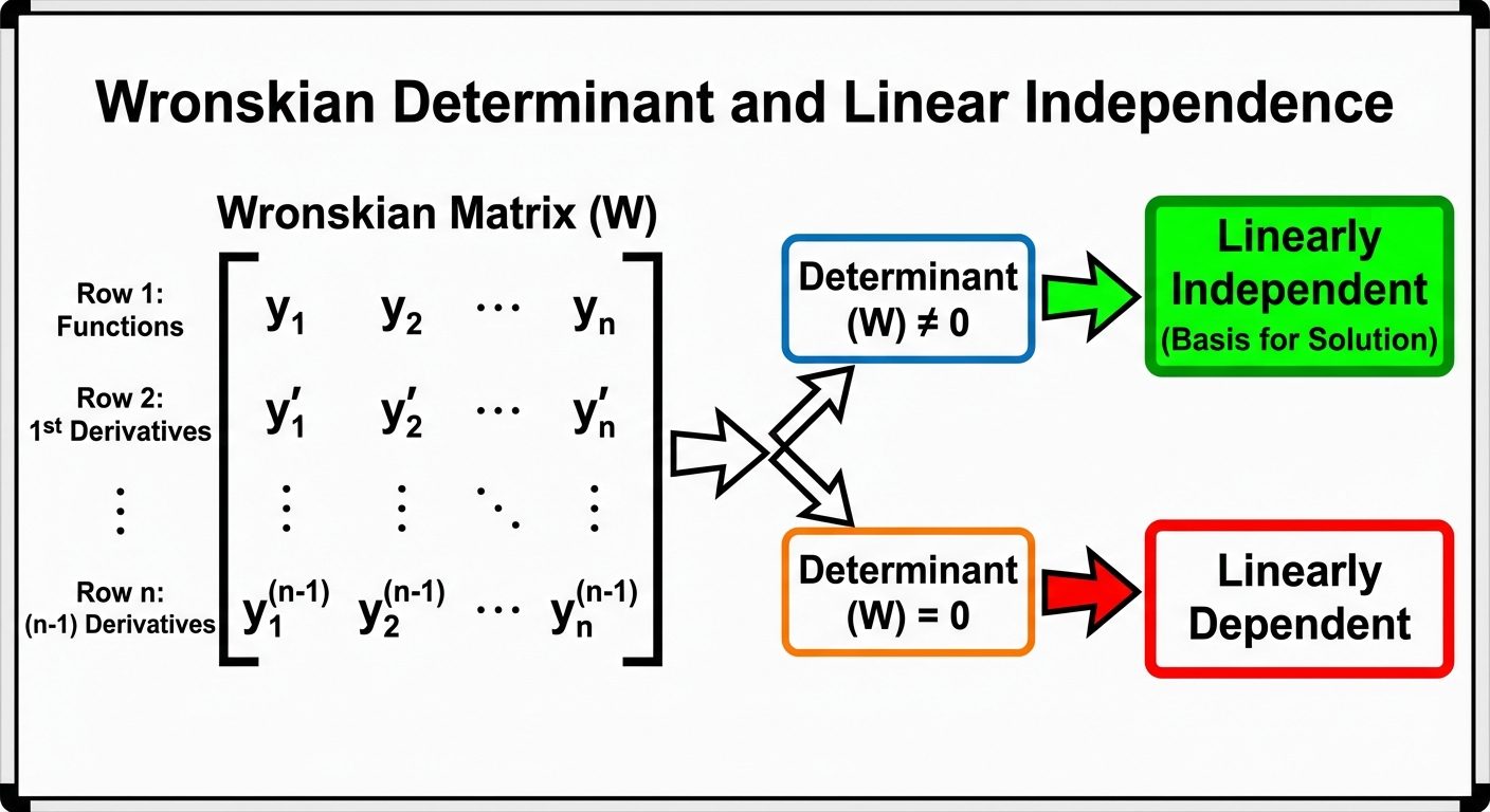 A visual diagram explaining the Wronskian determinant structure and its outcome. On the left, show t...