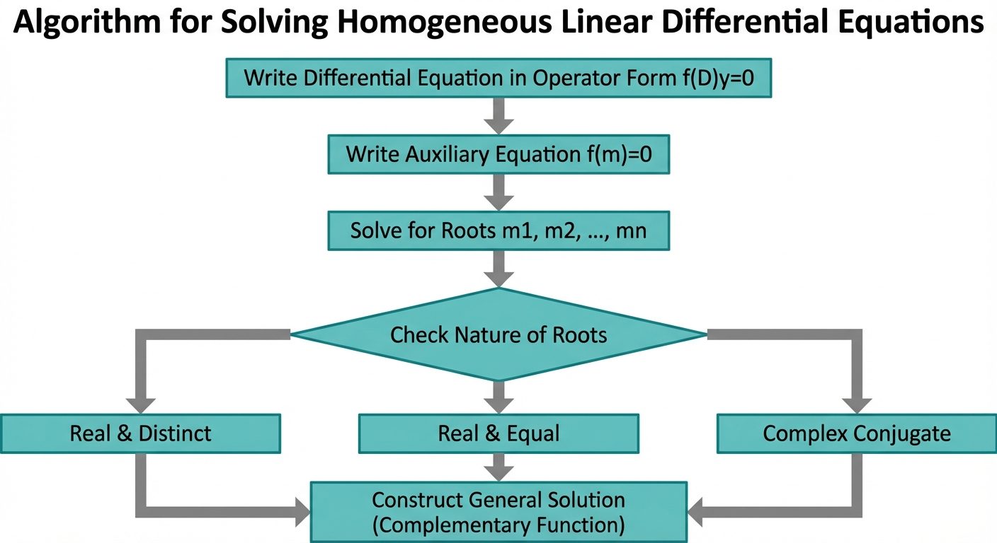 A vertical flowchart illustrating the algorithm for solving Homogeneous Linear Differential Equation...