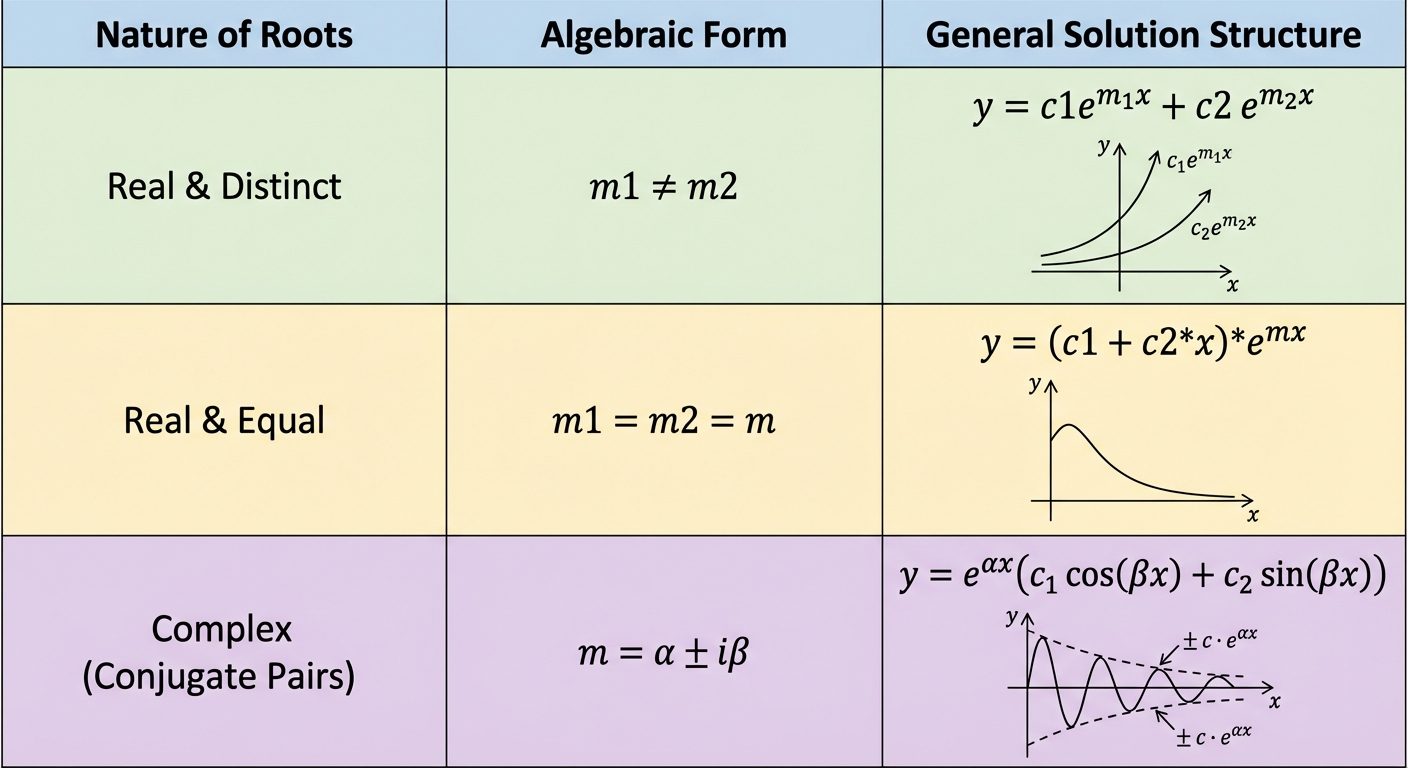 A detailed reference table comparing the three cases of roots for 2nd Order DEs.
Row 1 Header: "Natu...