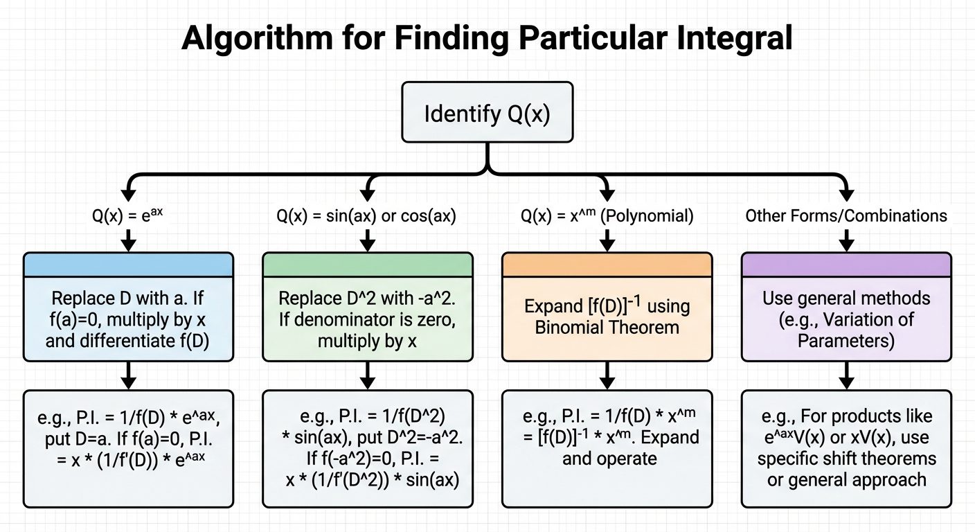 A detailed decision tree flowchart titled "Algorithm for Finding Particular Integral". The top node ...