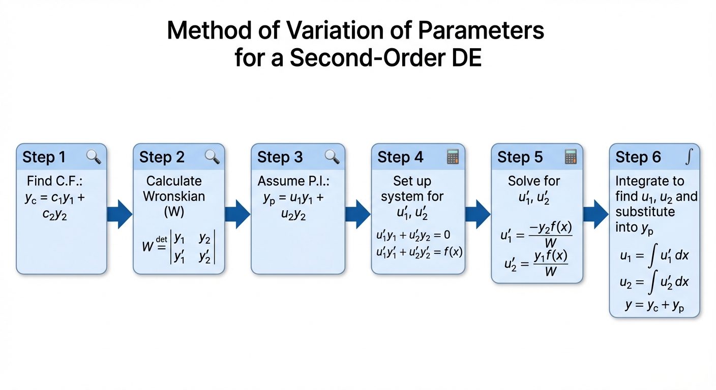 A step-by-step block diagram explaining the "Method of Variation of Parameters" for a second-order D...