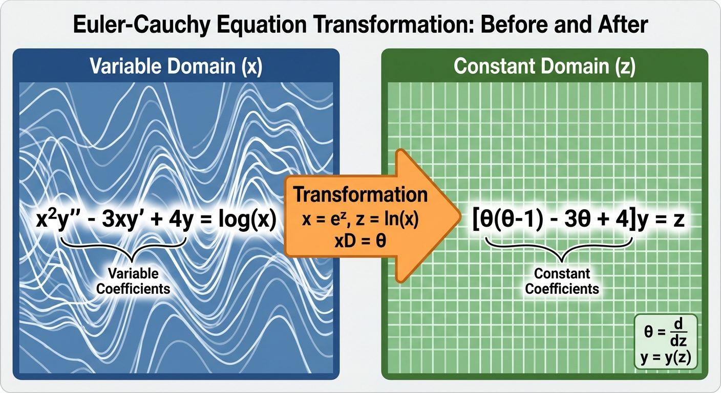 A "Before and After" comparison illustration showing the transformation of an Euler-Cauchy Equation....