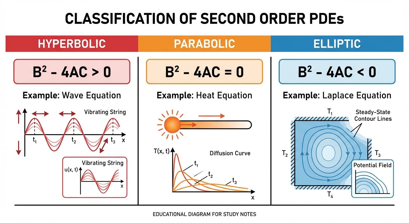 A conceptual diagram illustrating the classification of Second Order PDEs. The diagram should be spl...