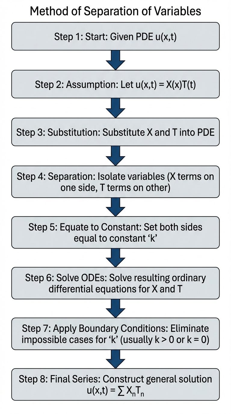 A vertical flowchart diagram detailing the Method of Separation of Variables. 
Step 1 Box: "Start: G...