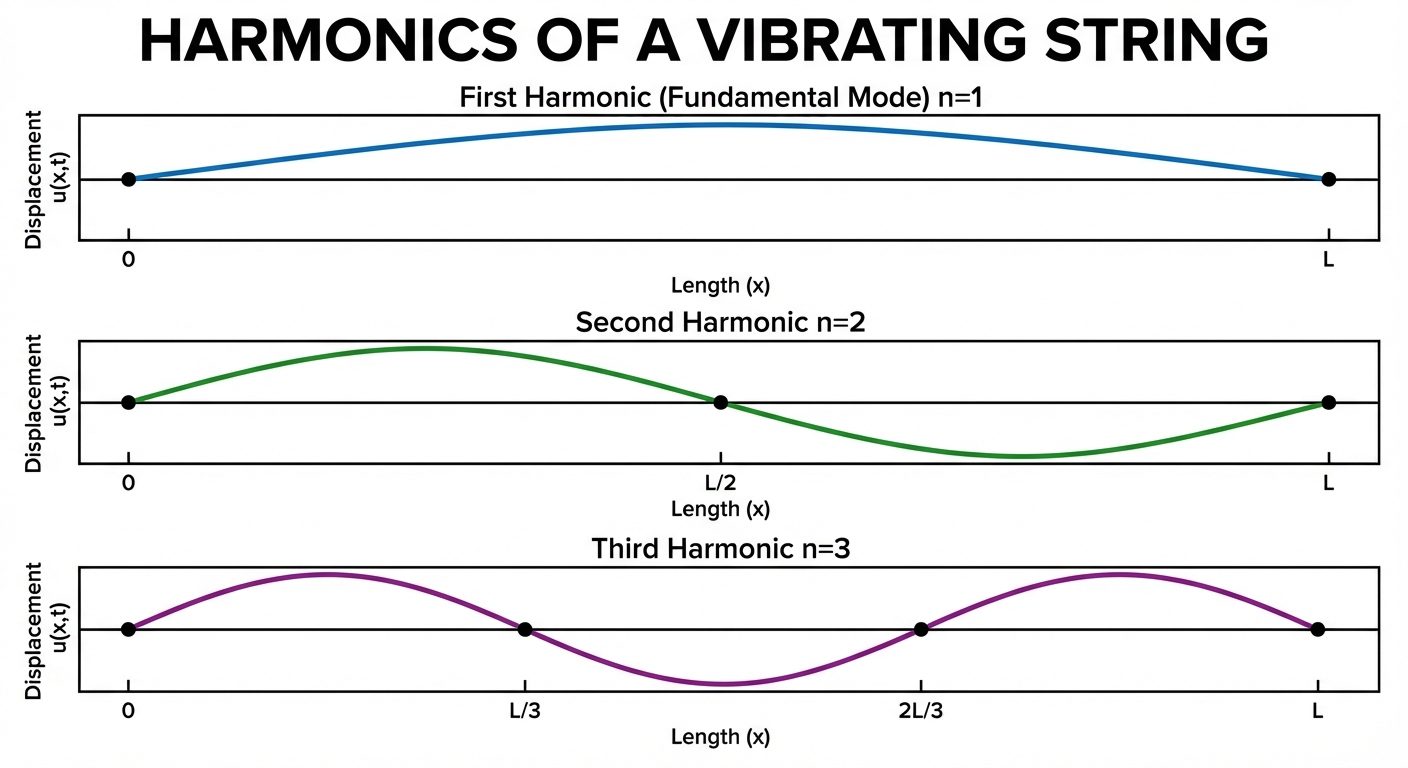A detailed diagram showing the "Harmonics of a Vibrating String". 
The image should show three verti...