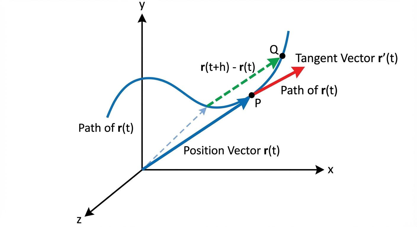 A detailed 3D geometric diagram illustrating the derivative of a vector function. Show a coordinate ...