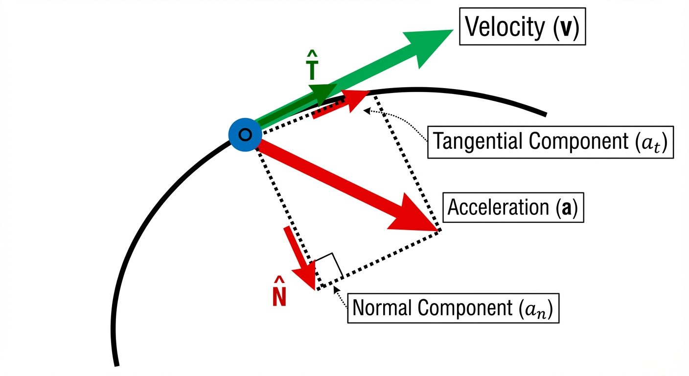 A diagram illustrating particle kinematics on a curved path in 3D space. Show a curved black traject...