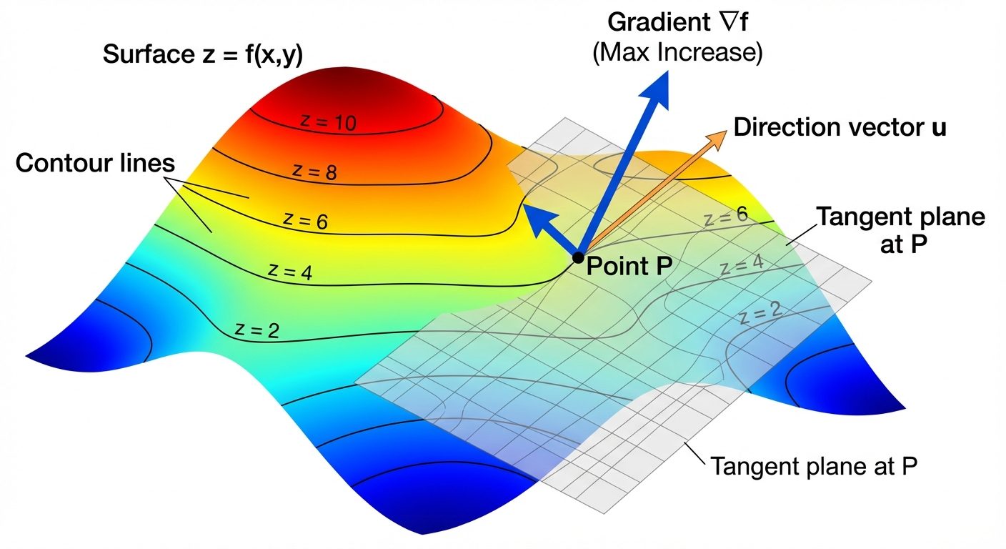 Visualizing the Gradient and Directional Derivative on a 3D surface. Show a hill-like surface repres...