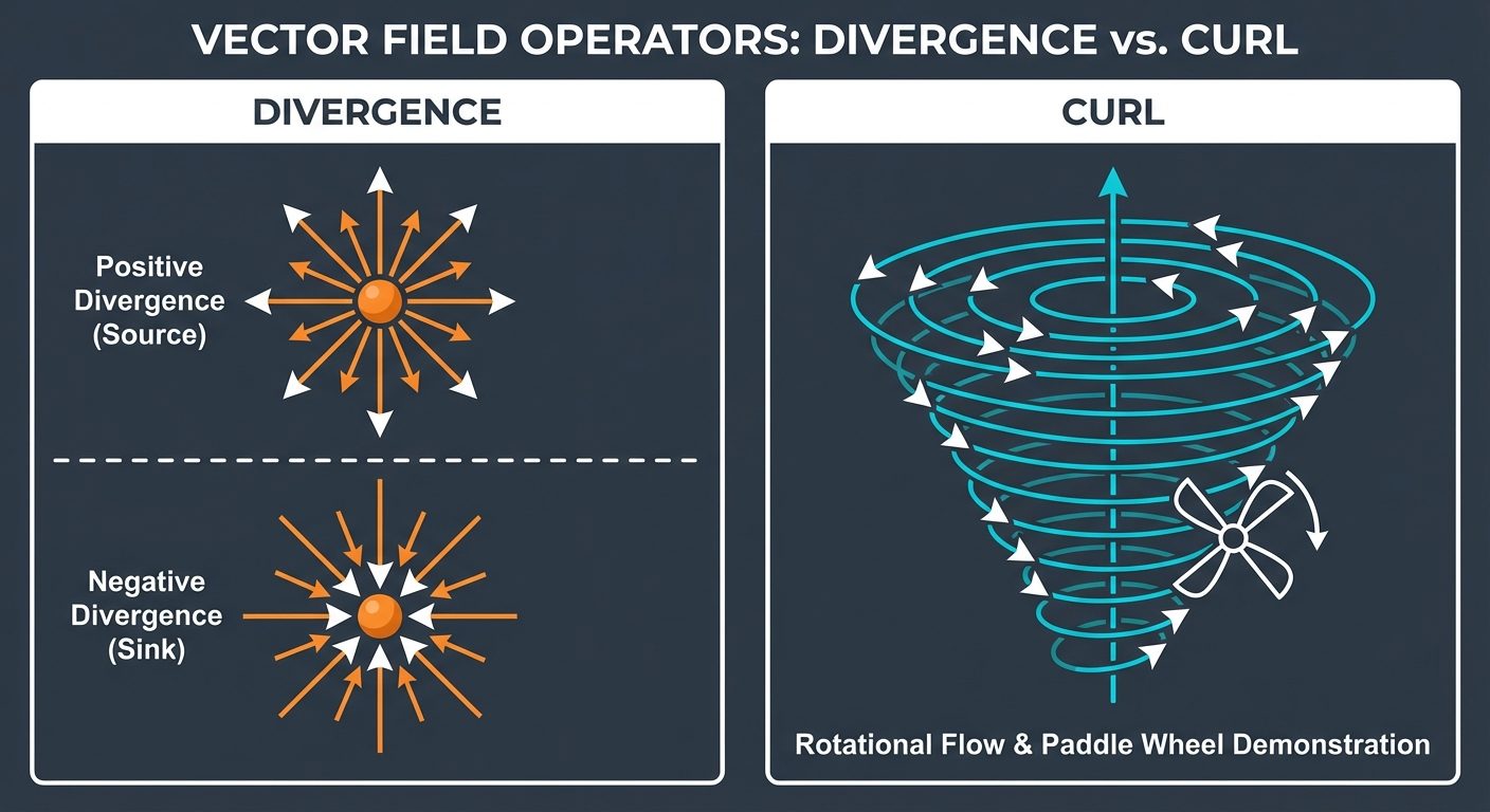 A split-panel comparison diagram showing 'Divergence' vs 'Curl'. Left panel (Divergence): Show a cen...