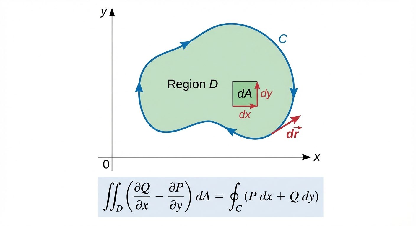 A conceptual diagram illustrating Green's Theorem. On the left, show an arbitrary irregular 2D shape...