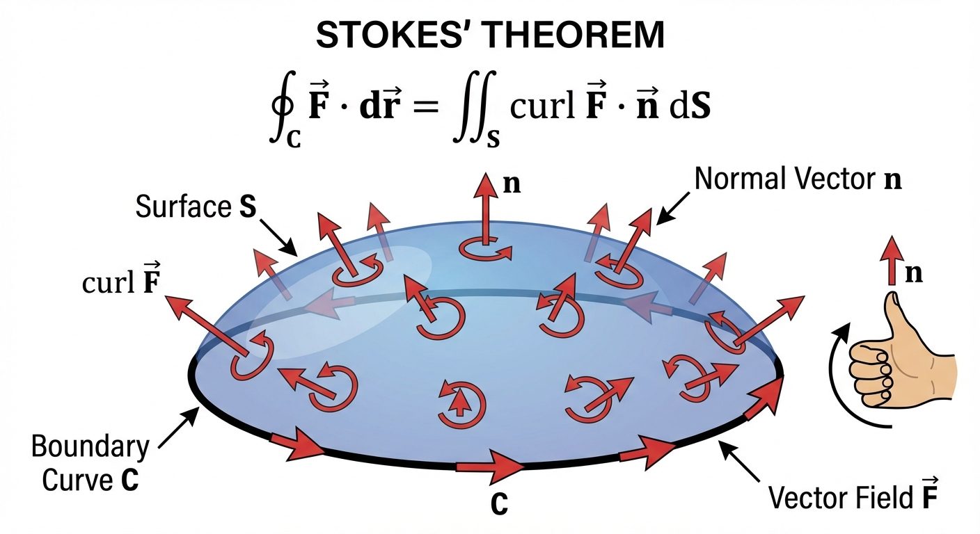 A detailed 3D diagram illustrating Stokes' Theorem. Show a floating, curved surface 'S' (like a soap...
