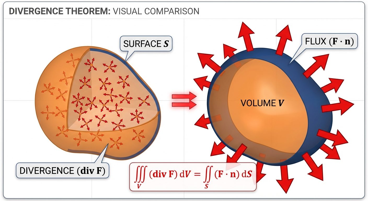 A visual comparison diagram of the Divergence Theorem. The image should feature a solid 3D object, s...