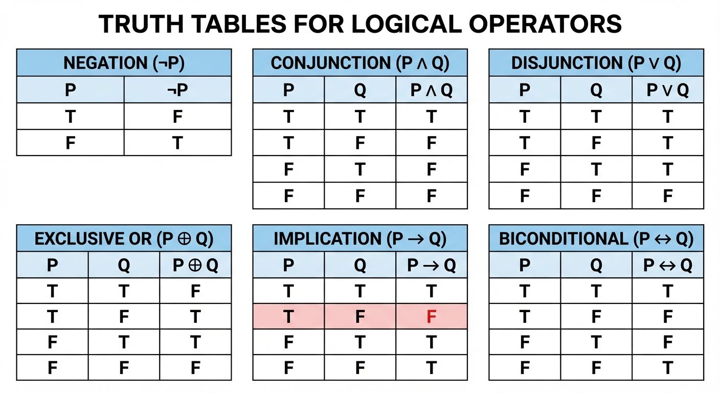 A clean, educational composite graphic displaying Truth Tables for the six main logical operators. T...