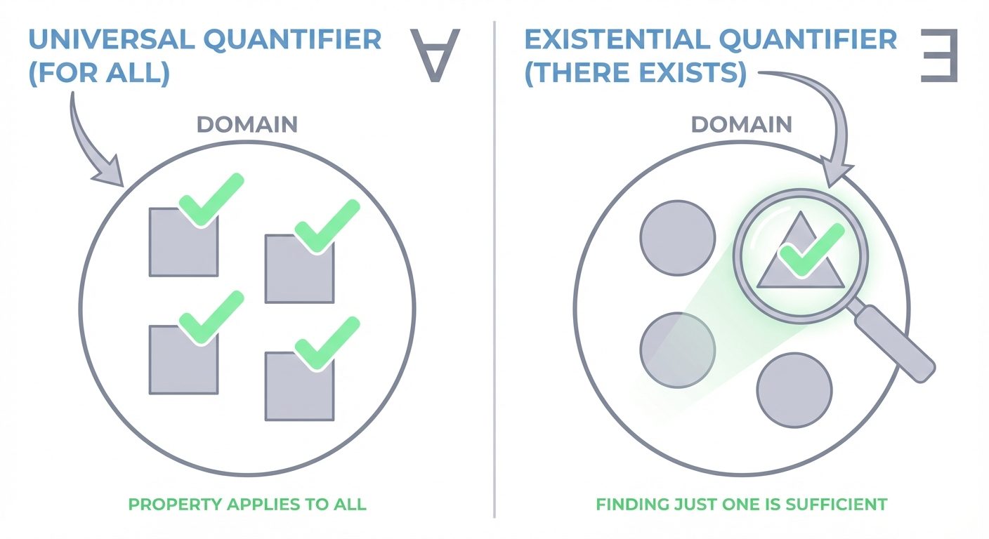 A conceptual comparison illustration between the Universal and Existential quantifiers using set dia...
