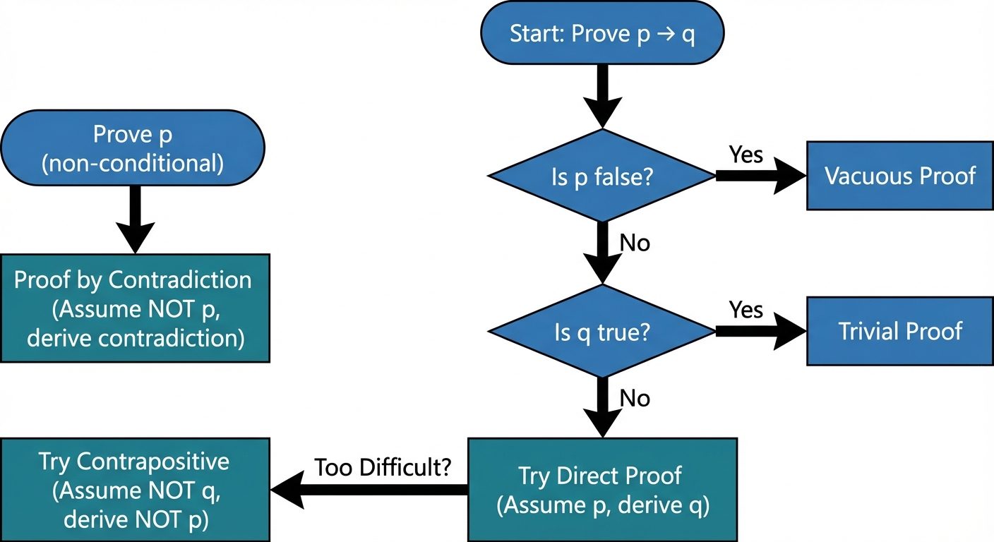 A flowchart diagram illustrating the decision-making process for "Choosing a Proof Strategy". The fl...