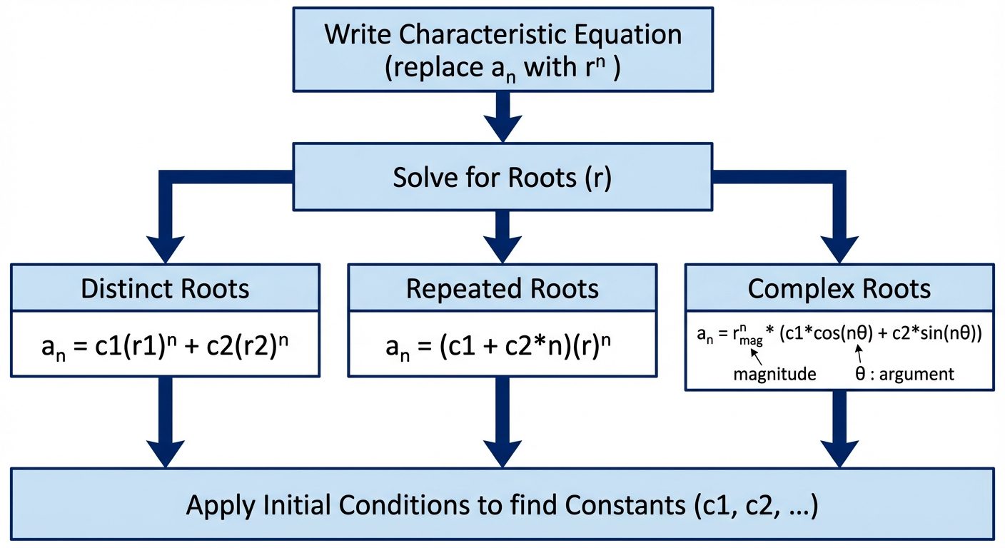 A detailed vertical flowchart diagram illustrating the algorithm for solving Linear Homogeneous Recu...