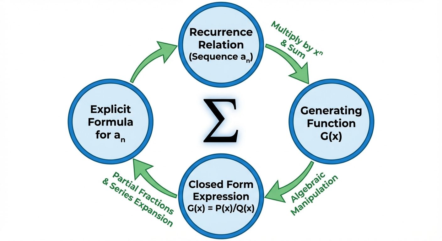 A cycle diagram illustrating the "Method of Generating Functions". Four circular nodes connected in ...