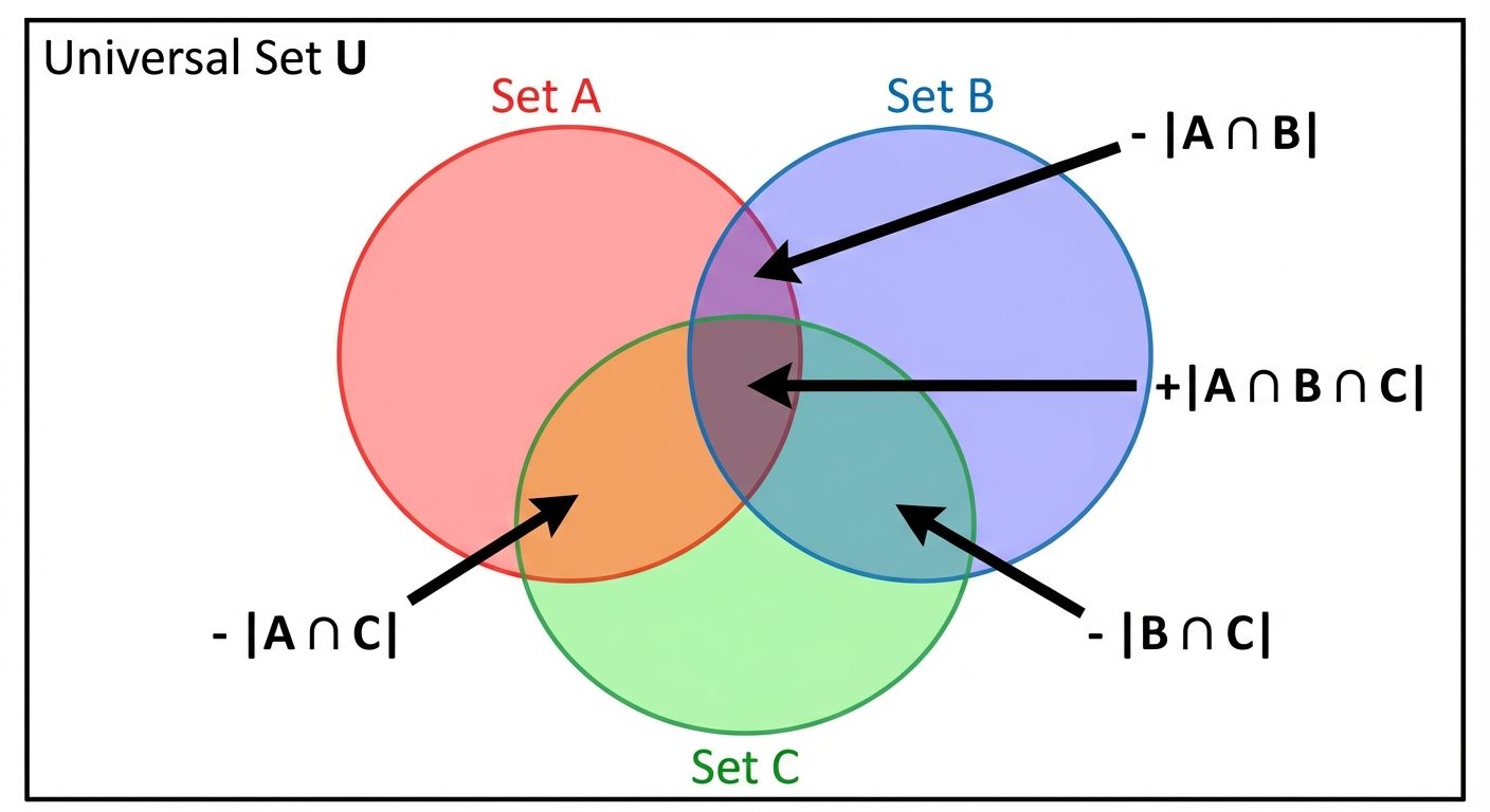 A Venn diagram illustrating the Principle of Inclusion-Exclusion for three sets A, B, and C inside a...