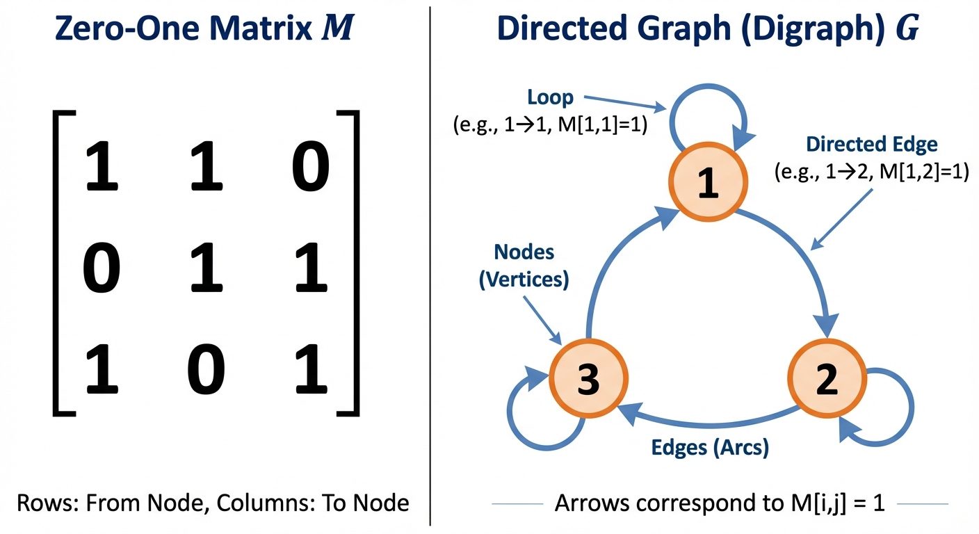 A split diagram comparing two representations of the same relation. Left side: A 3x3 Zero-One Matrix...