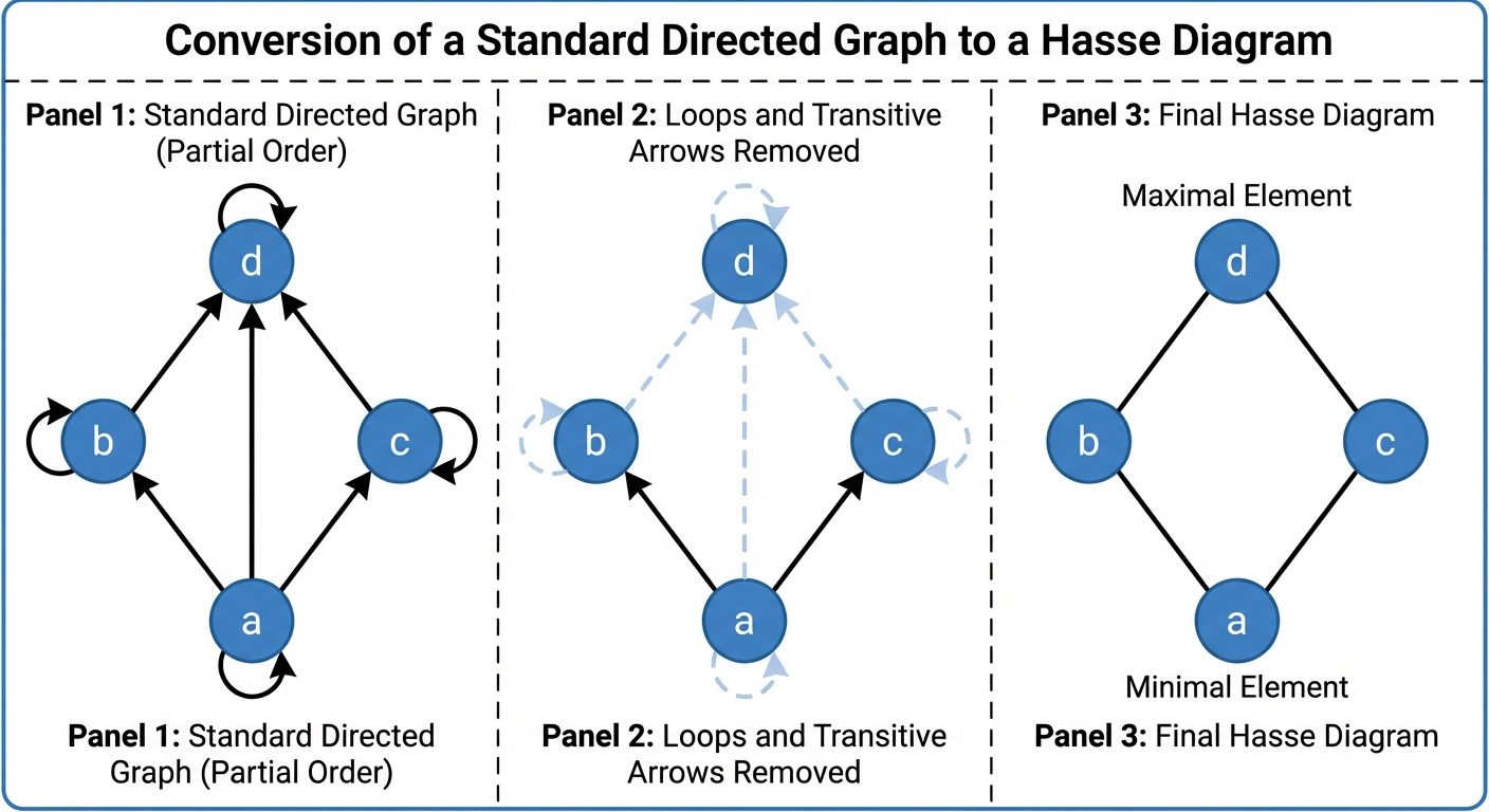 A step-by-step diagram showing the conversion of a standard directed graph to a Hasse diagram. Panel...