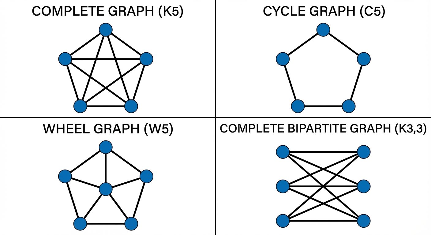 A composite educational diagram showing four distinct special graph types labeled clearly. Top Left:...