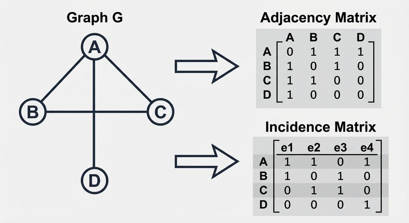 A comparison diagram demonstrating Graph Representation. On the left: A simple undirected graph labe...