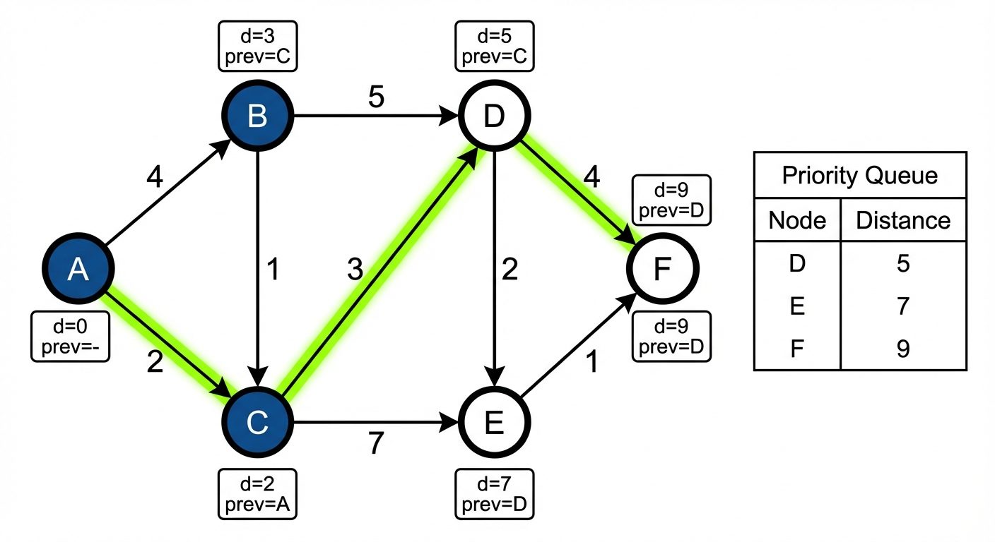 An educational illustration of Dijkstra's Algorithm in progress. Center: A weighted graph with 6 nod...