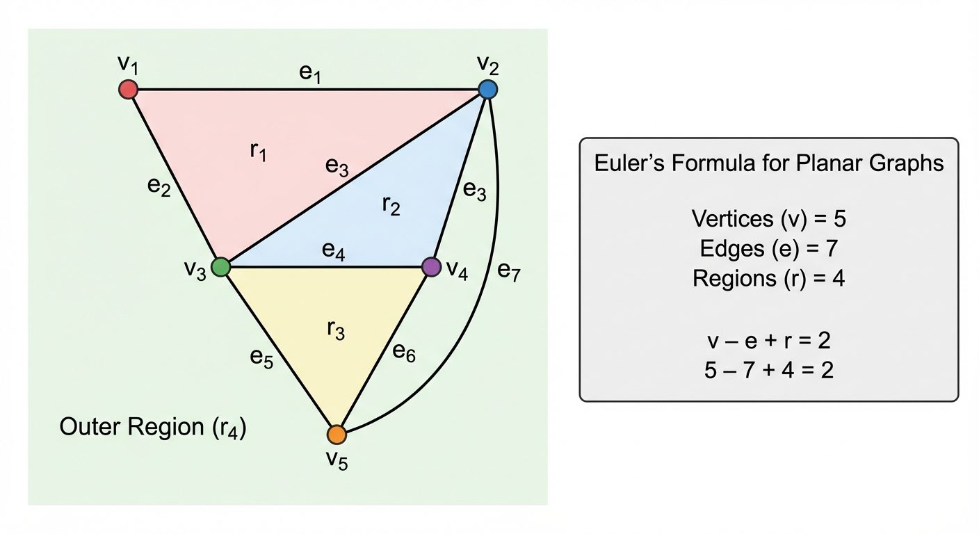 A detailed educational diagram illustrating a Planar Graph and Euler's Formula. The main visual is a...