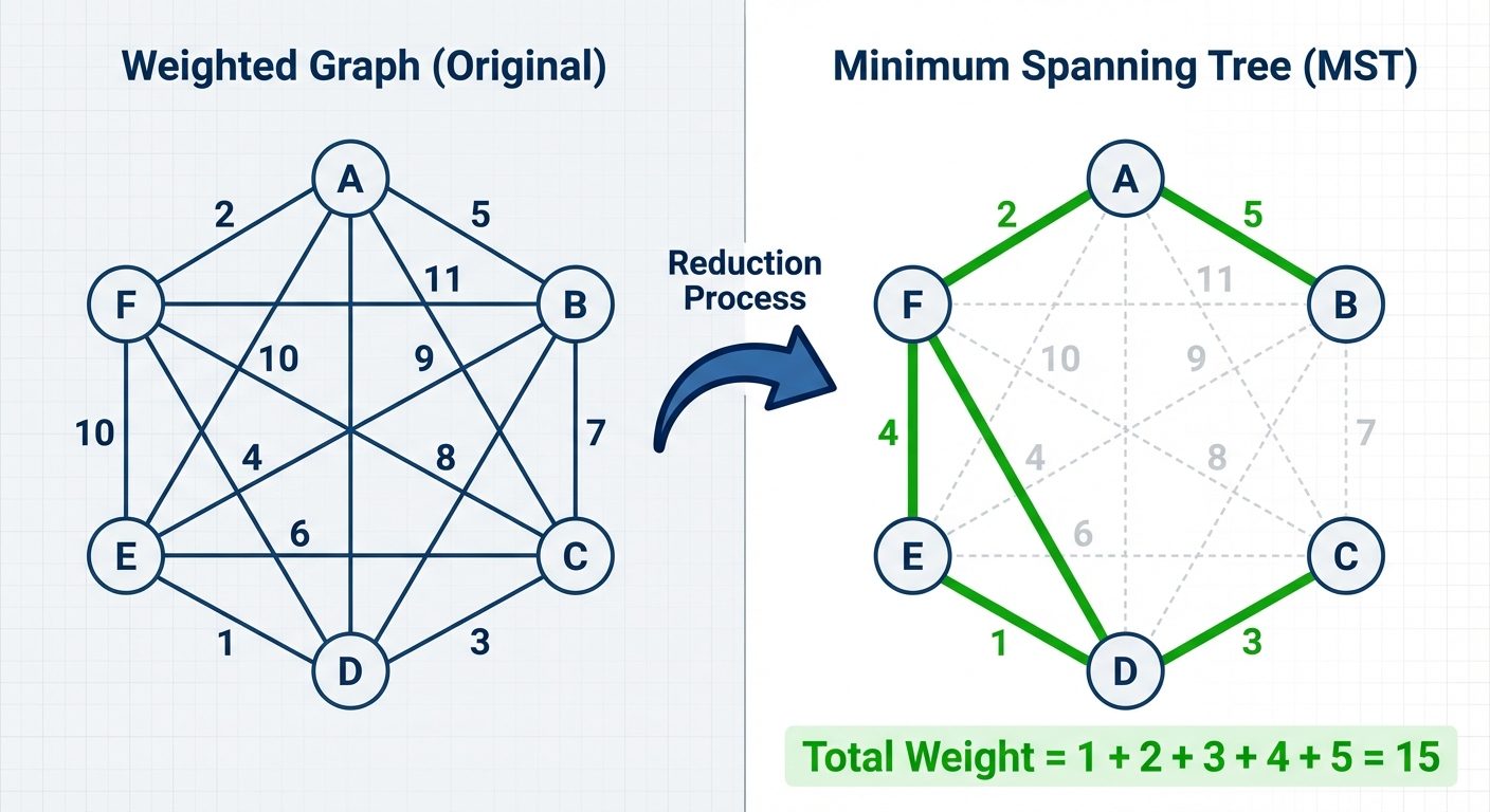 A split-panel diagram comparing a "Weighted Graph" and its "Minimum Spanning Tree". Left panel: A gr...