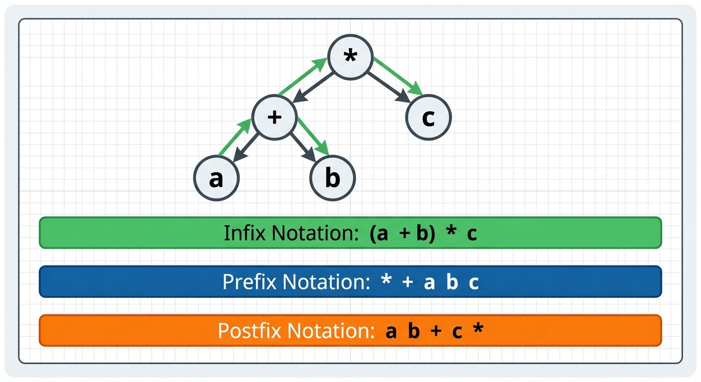 A detailed visualization of a Binary Expression Tree and its corresponding notations. Central image:...