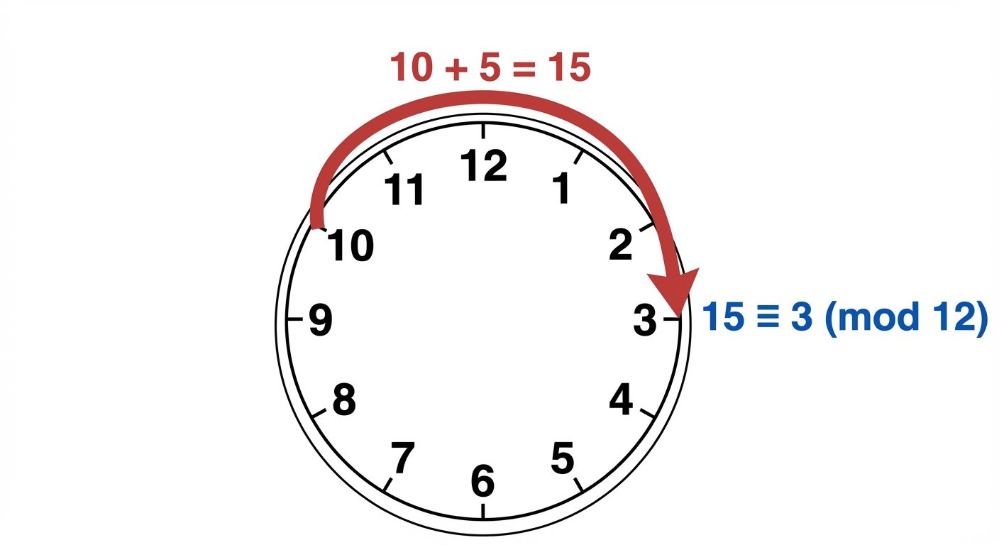 A conceptual diagram illustrating "Clock Arithmetic" for Modulo 12. The image should feature a tradi...