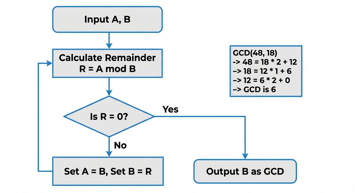 A vertical flowchart diagram showing the steps of the Euclidean Algorithm to find GCD(A, B). Step 1 ...