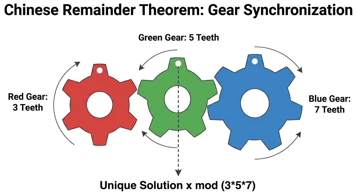 A mechanical visualization of the Chinese Remainder Theorem using gears. Show three interlocked gear...