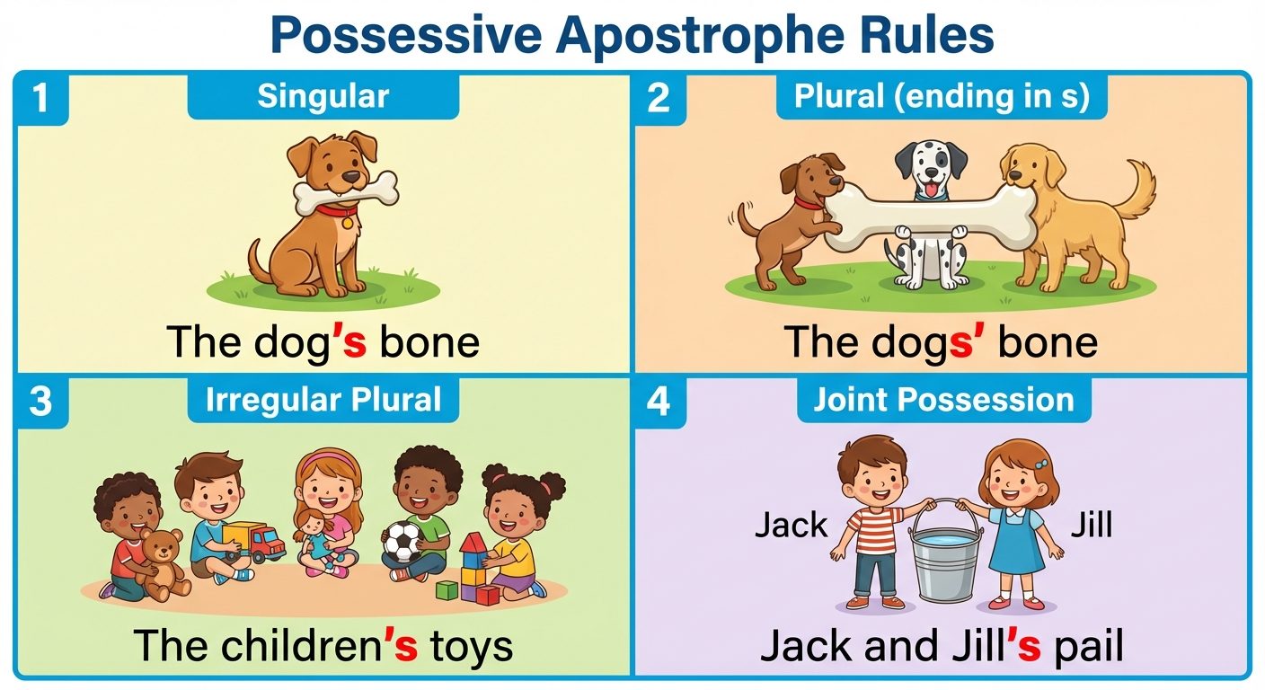 A visual comparison chart titled "Possessive Apostrophe Rules". The chart is divided into four quadr...
