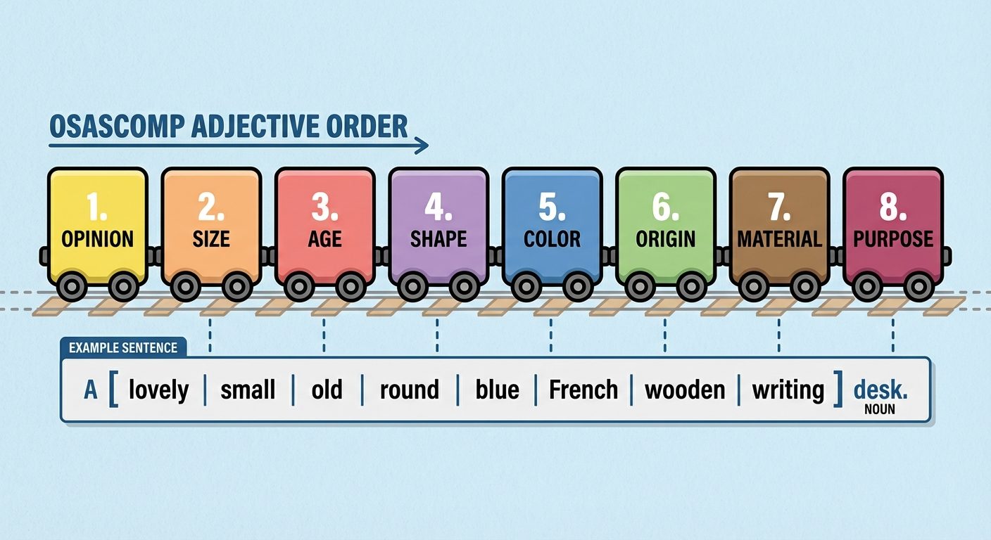 A horizontal flow diagram illustrating the "OSASCOMP" order of adjectives. The diagram should look l...