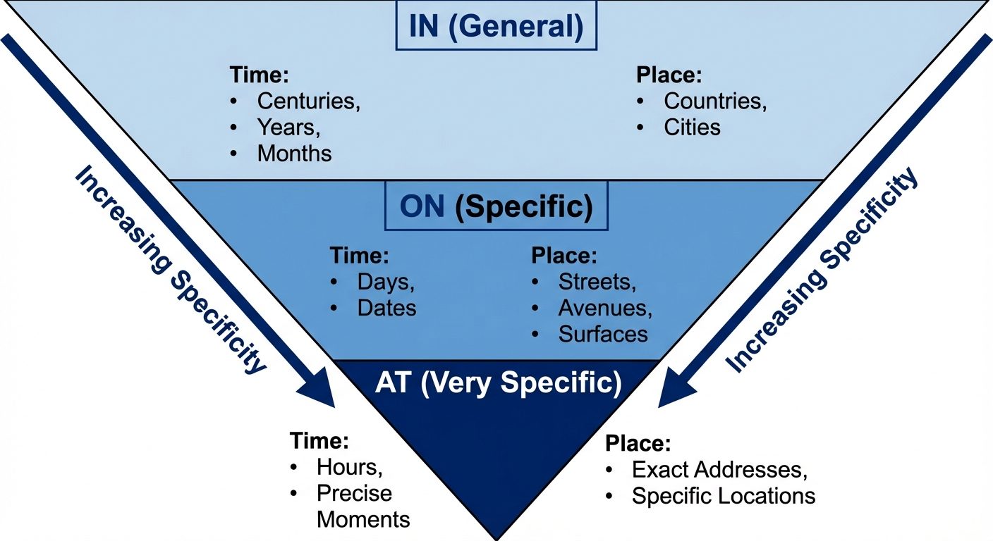 An inverted pyramid (triangle pointing down) divided into three horizontal sections to explain prepo...