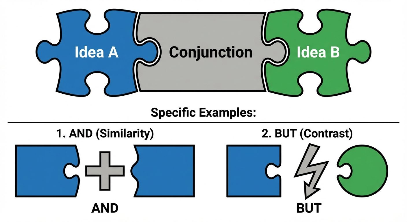 A conceptual diagram illustrating the function of conjunctions using puzzle pieces. On the left, a b...