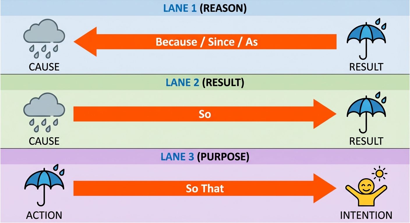 A flow logic diagram showing the relationship between Reason, Result, and Purpose connectors. The di...