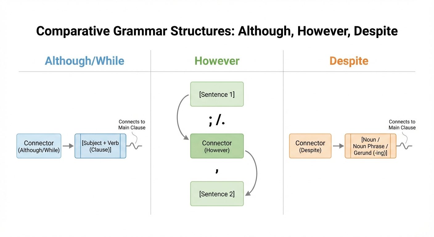A comparative grammar chart visualizing the structural differences between "Although", "However", an...