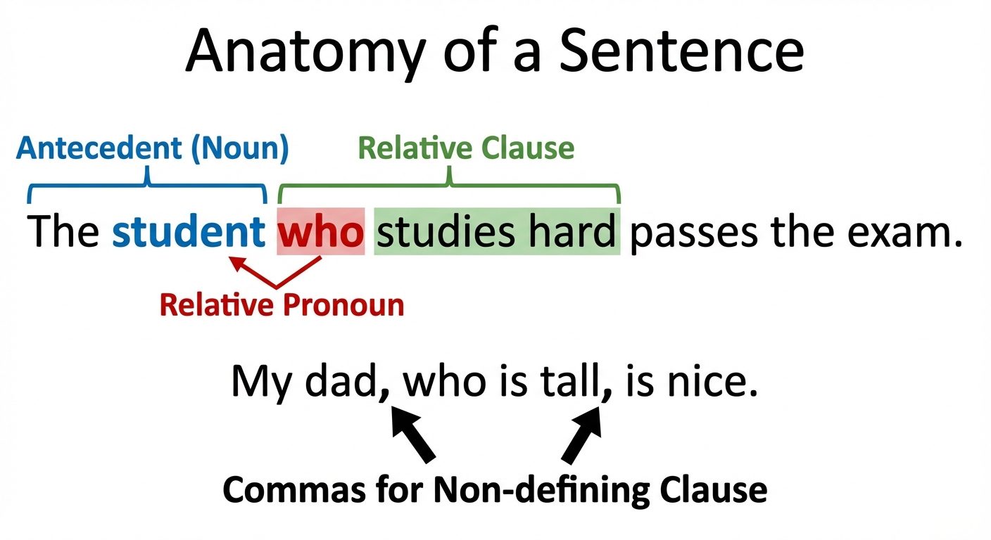 An "Anatomy of a Sentence" diagram breaking down a sentence with a relative clause.
The sentence dis...